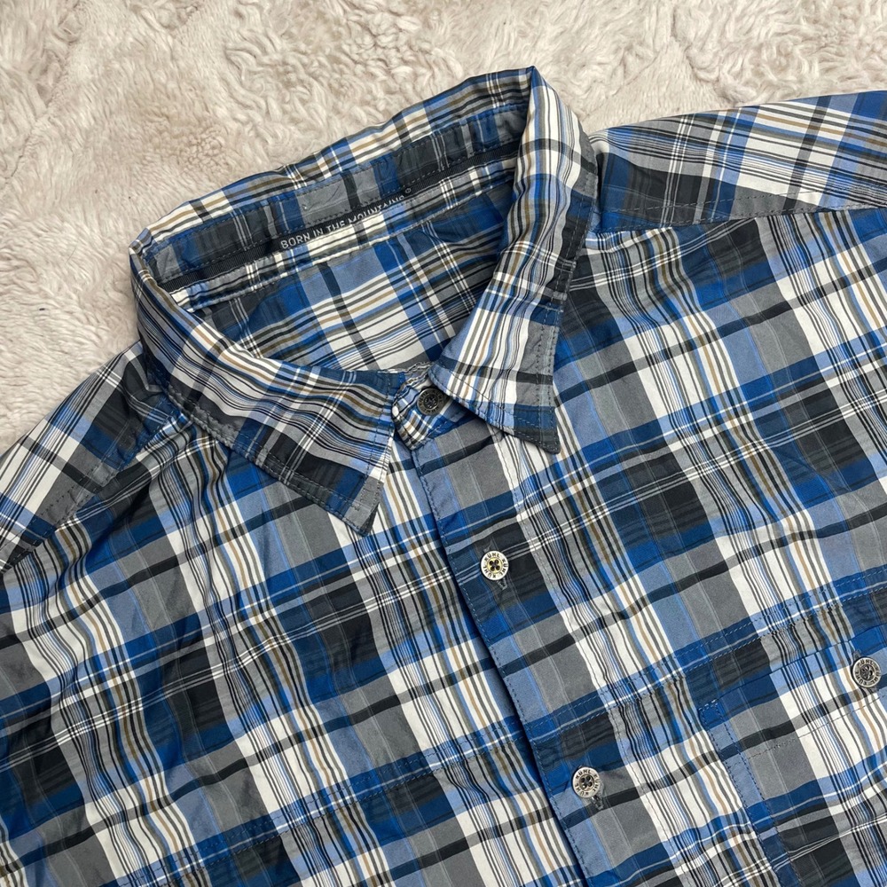 Kuhl Mens Blue Grey Plaid Short Sleeve Button Down Shirt Size L Polyester Hiking